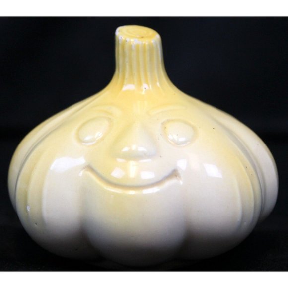 Vtg 60s Anthropomorphic Smiling Garlic Shaped Salt Pepper Shaker Yellow Ceramic - Picture 1 of 11